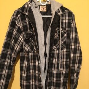 Flannel jacket with attached hoodie